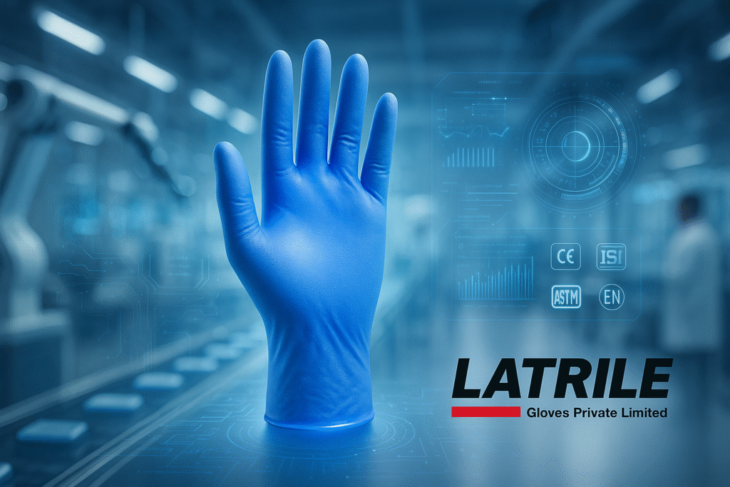 Blue nitrile examination gloves for healthcare and industrial use – made in India by Latrile Gloves Private Limited