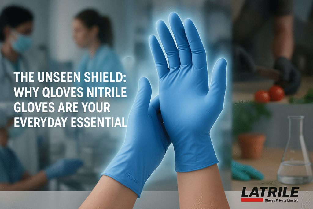Blue nitrile examination gloves for healthcare and industrial use – made in India by Latrile Gloves Private Limited